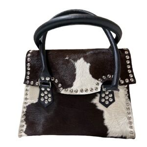 Exotic Cowhide Leather Tote Handbag with Stud Accents